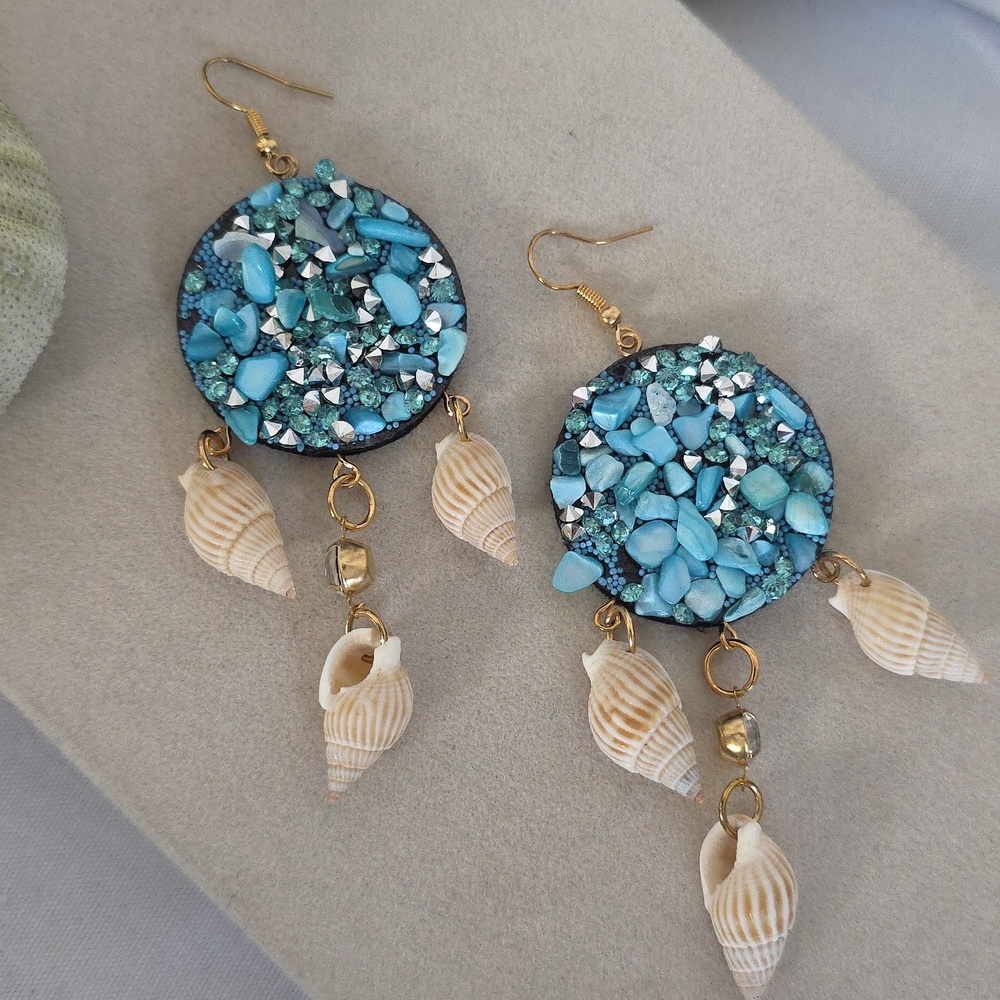 Boho Beachy Turquoise Blue Shimmer Dangle Earrings with Seashells